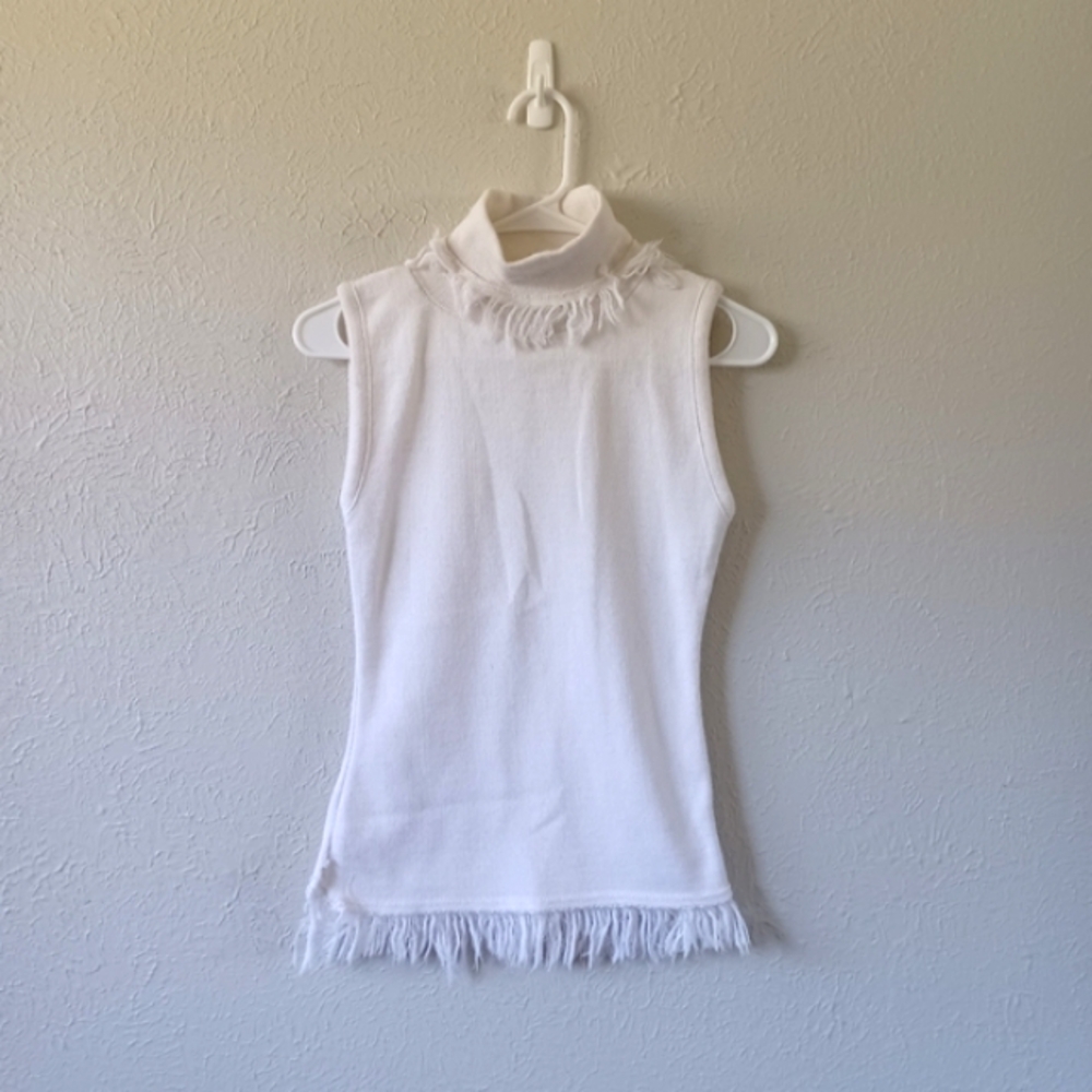 White Sleeveless Sweater Fringe Turtleneck Top